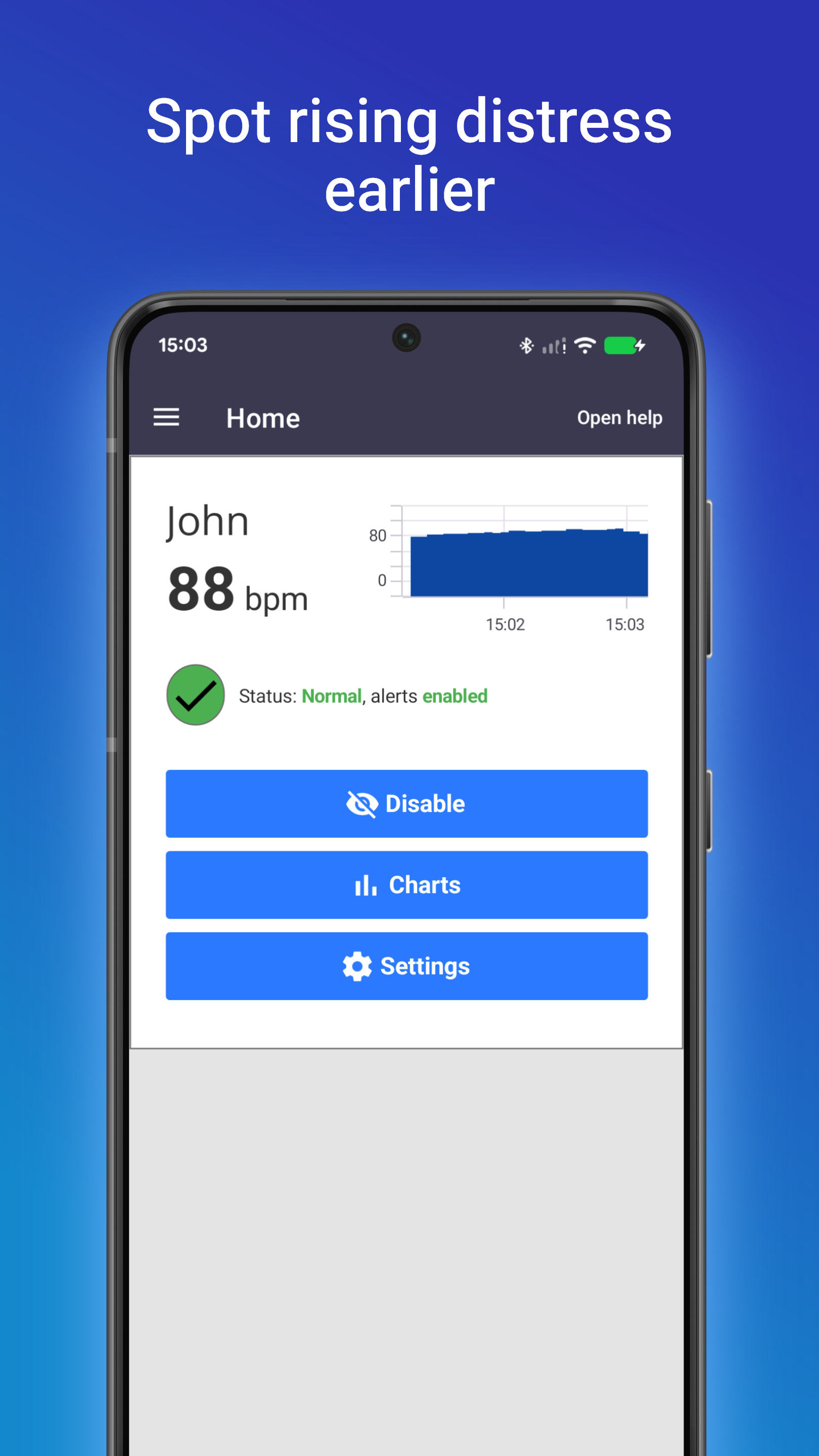 Meltdown Monitor home screen showing live heart rate and alert status