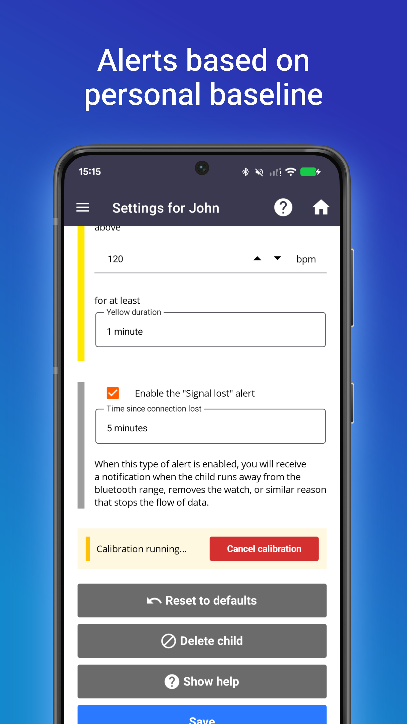 Meltdown Monitor caregiver help screen with quick guidance